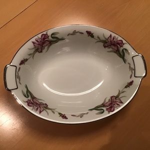 Mikado China Japan White Purple Iris Platinum Rim‎ 10.5” Oval Vegetable Bowl EUC